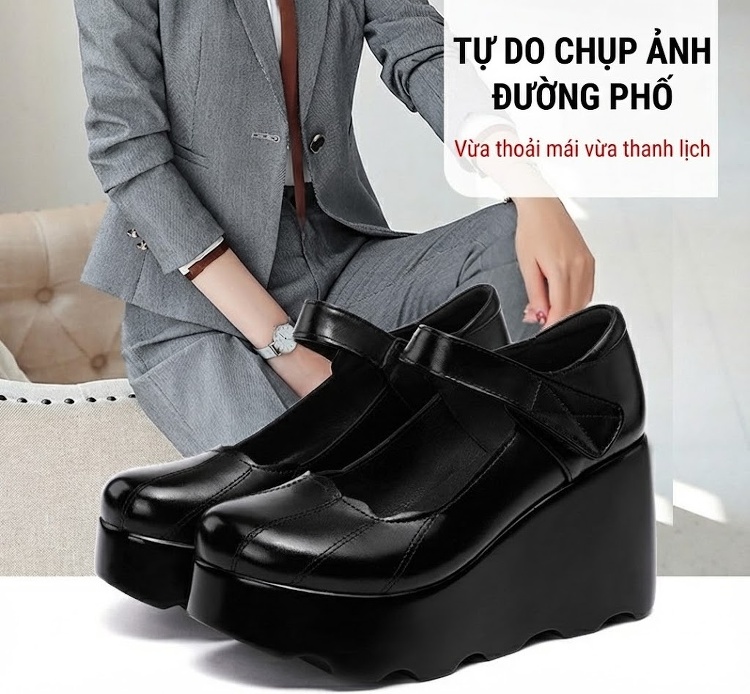 Giày Búp Bê Nữ Da Bóng Đế Xuồng Platform Chiều Cao Đế Khoảng 6cm Quai Dán Màu Đen chi tiết 2