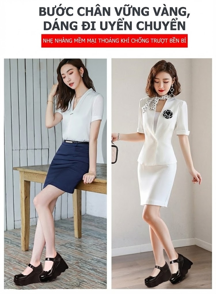 Giày Búp Bê Nữ Da Bóng Đế Xuồng Platform Chiều Cao Đế Khoảng 6cm Quai Dán Màu Đen chi tiết 3