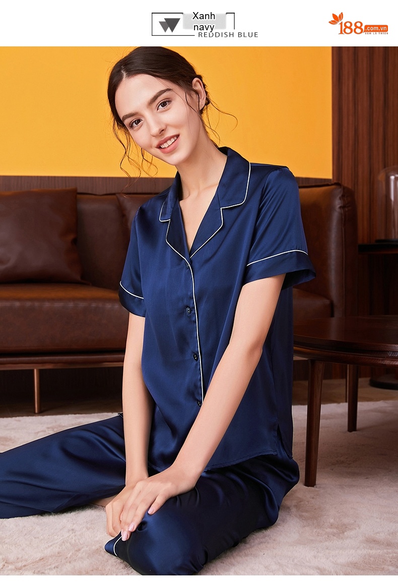 Bộ Đồ Ngủ Lụa Tơ Tằm 100% Tay Ngắn Quần Dài Mặc Nhà Màu Xanh Navy, Kem, Đỏ, Xanh Lam... chi tiết 10