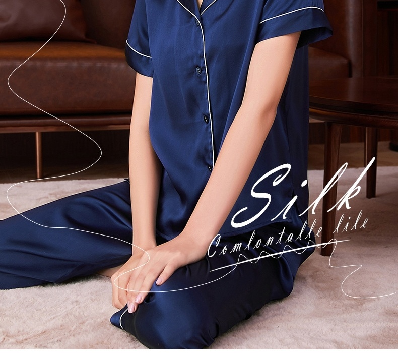 Bộ Đồ Ngủ Lụa Tơ Tằm 100% Tay Ngắn Quần Dài Mặc Nhà Màu Xanh Navy, Kem, Đỏ, Xanh Lam... chi tiết 2