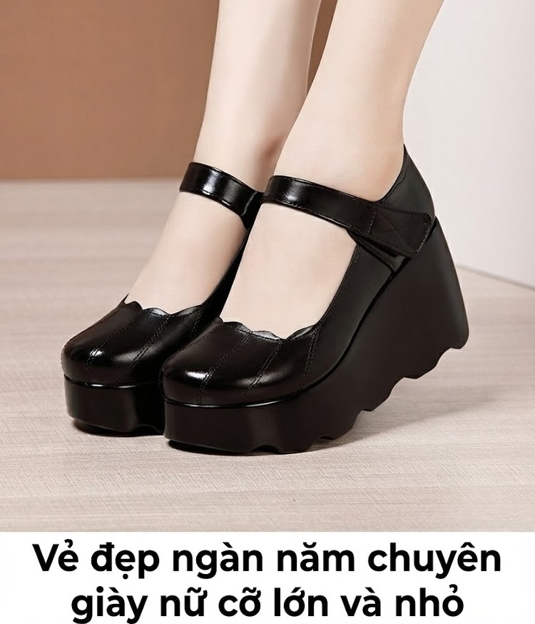 Giày Búp Bê Nữ Da Bóng Đế Xuồng Platform Chiều Cao Đế Khoảng 6cm Quai Dán Màu Đen chi tiết 13