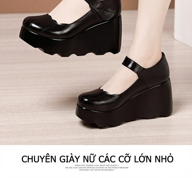 Giày Búp Bê Nữ Da Bóng Đế Xuồng Platform Chiều Cao Đế Khoảng 6cm Quai Dán Màu Đen chi tiết 12