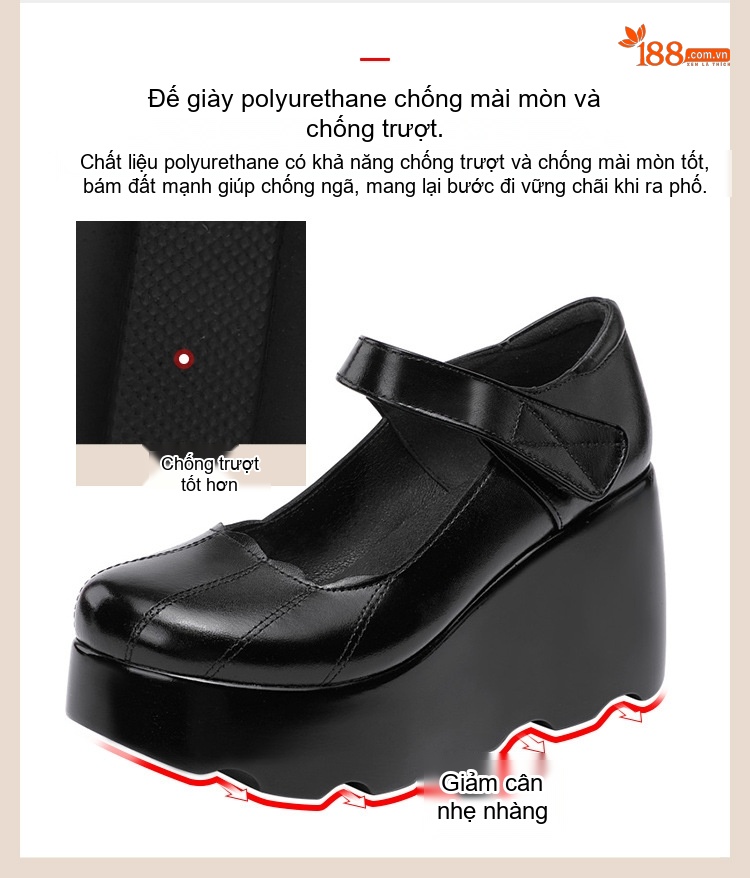 Giày Búp Bê Nữ Da Bóng Đế Xuồng Platform Chiều Cao Đế Khoảng 6cm Quai Dán Màu Đen chi tiết 10