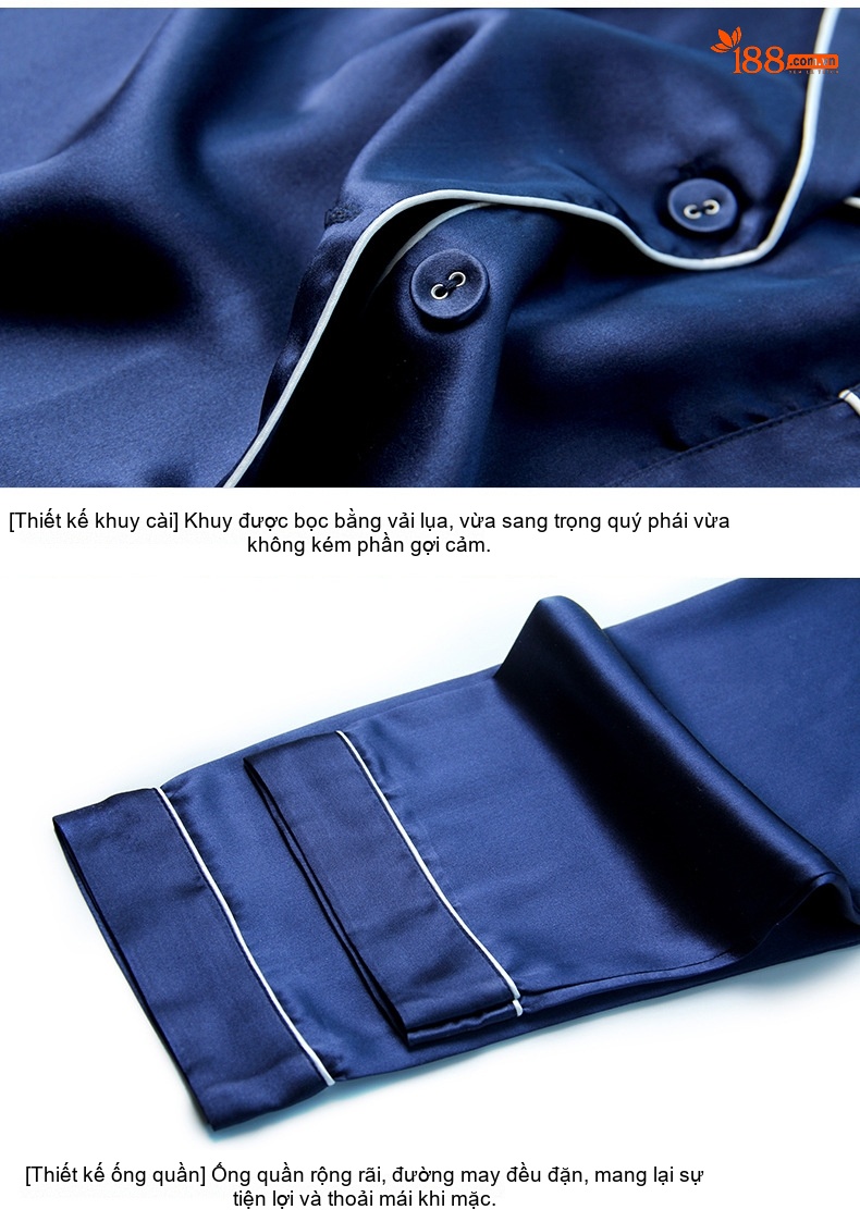 Bộ Đồ Ngủ Lụa Tơ Tằm 100% Tay Ngắn Quần Dài Mặc Nhà Màu Xanh Navy, Kem, Đỏ, Xanh Lam... chi tiết 20