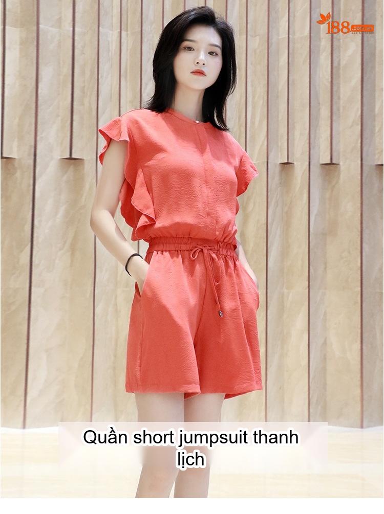 Jumpsuit Nữ Cộc Tay Quần Ống Rộng Dáng Ngắn Cổ Điển Màu Đỏ chi tiết 1