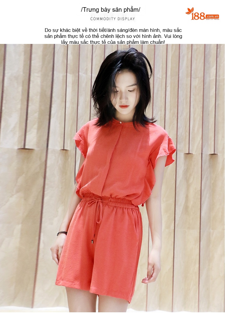 Jumpsuit Nữ Cộc Tay Quần Ống Rộng Dáng Ngắn Cổ Điển Màu Đỏ chi tiết 4