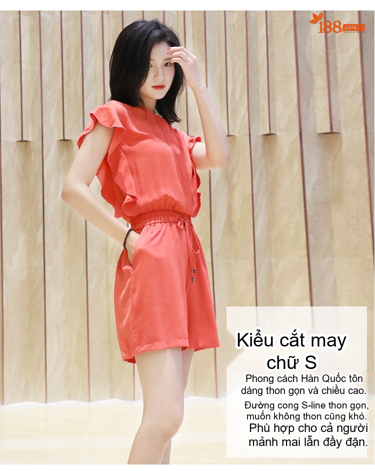 Jumpsuit Nữ Cộc Tay Quần Ống Rộng Dáng Ngắn Cổ Điển Màu Đỏ chi tiết 2