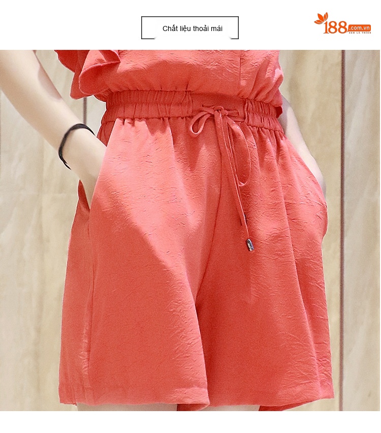 Jumpsuit Nữ Cộc Tay Quần Ống Rộng Dáng Ngắn Cổ Điển Màu Đỏ chi tiết 3