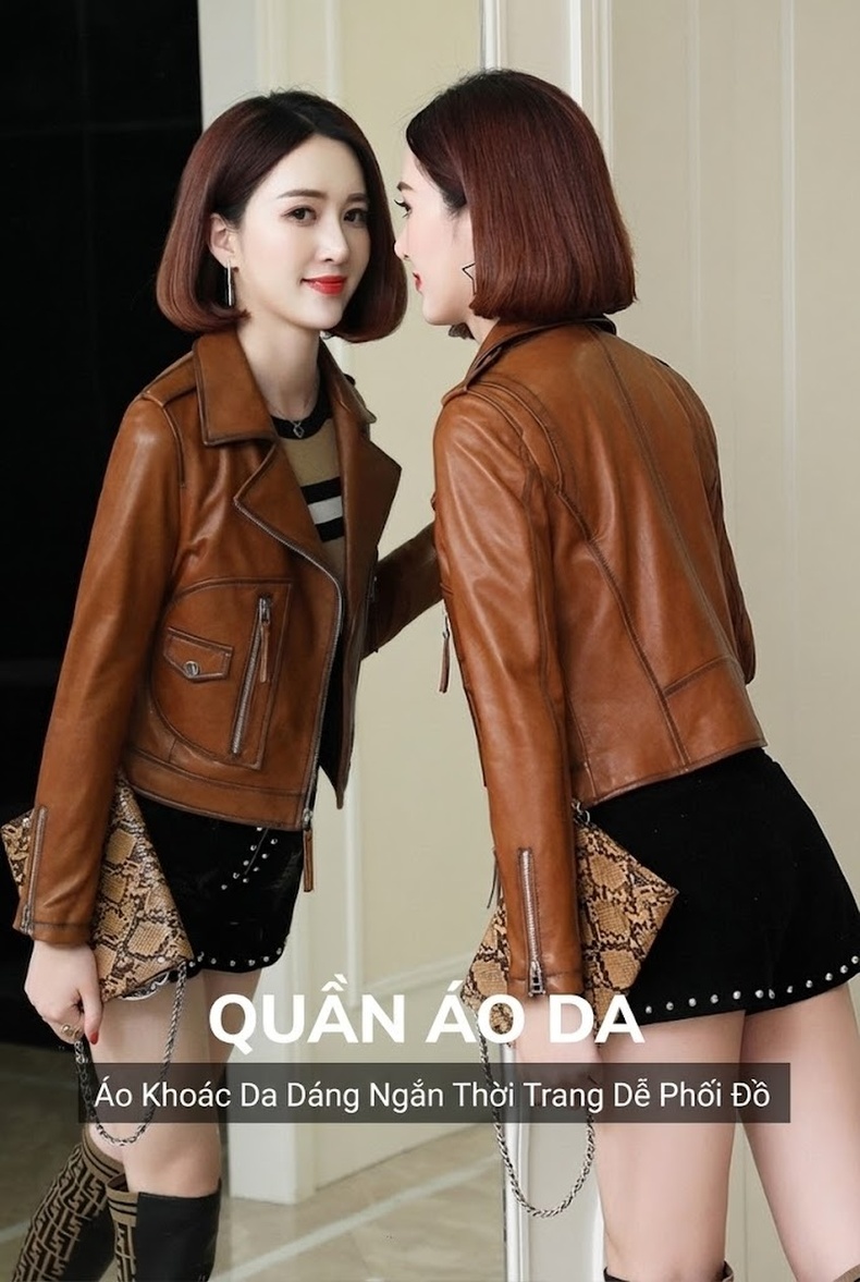 Áo Khoác Da Cừu Nữ Dáng Ngắn Ôm Dáng Phong Cách Biker Màu Nâu chi tiết 1