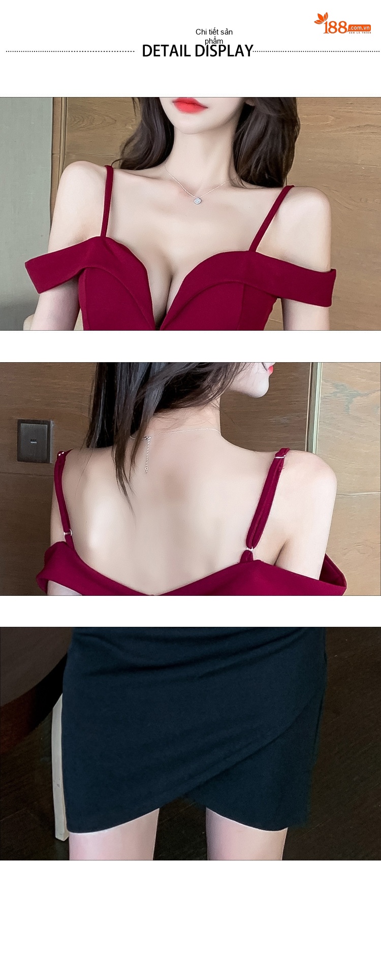 Váy Hai Dây Nữ Cổ chữ V Sâu Hở Lưng Ôm Body Màu Đỏ Rượu, Đen chi tiết 9