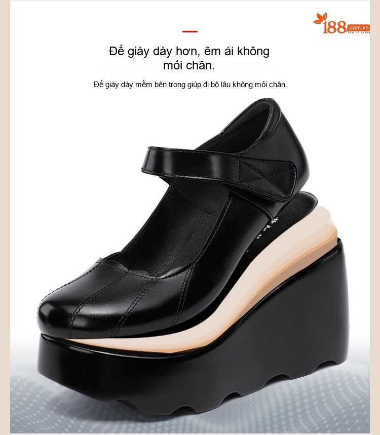 Giày Búp Bê Nữ Da Bóng Đế Xuồng Platform Chiều Cao Đế Khoảng 6cm Quai Dán Màu Đen chi tiết 8