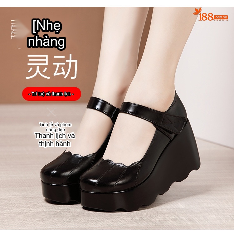 Giày Búp Bê Nữ Da Bóng Đế Xuồng Platform Chiều Cao Đế Khoảng 6cm Quai Dán Màu Đen chi tiết 4