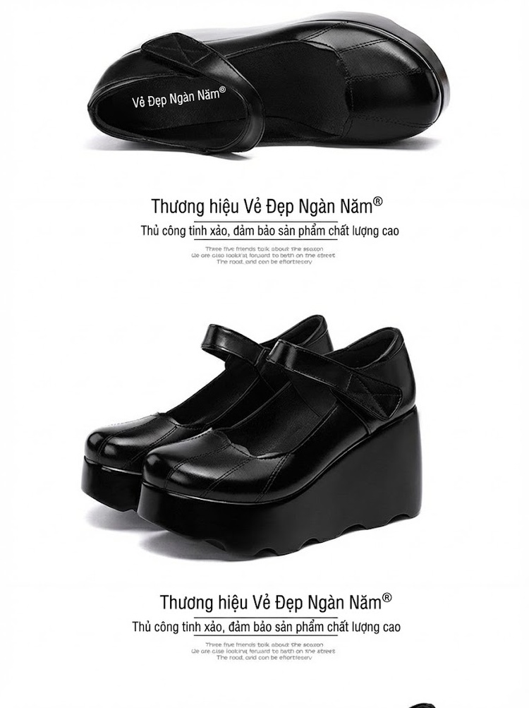 Giày Búp Bê Nữ Da Bóng Đế Xuồng Platform Chiều Cao Đế Khoảng 6cm Quai Dán Màu Đen chi tiết 17