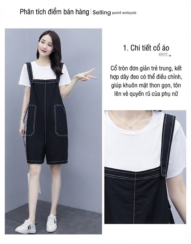 Set Áo Thun Quần Yếm Lửng Nữ Cotton Dáng Rộng Phong Cách Hàn Quốc Màu Đen chi tiết 4