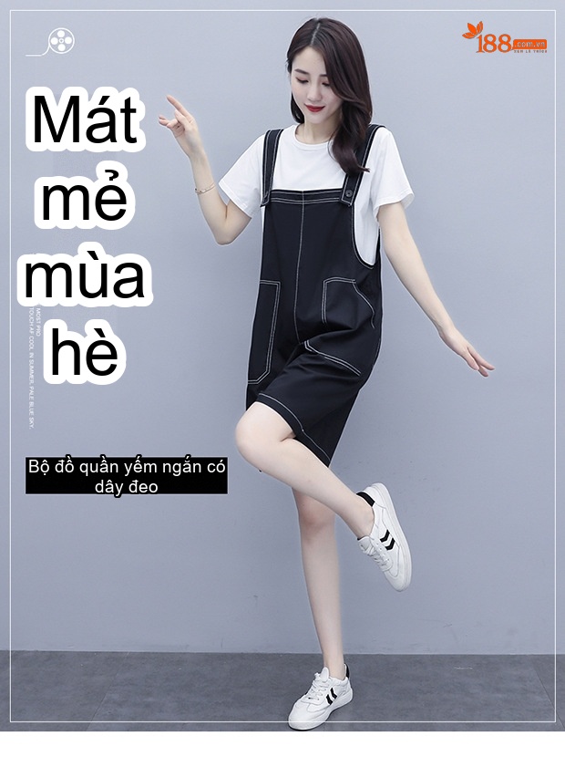 Set Áo Thun Quần Yếm Lửng Nữ Cotton Dáng Rộng Phong Cách Hàn Quốc Màu Đen chi tiết 1