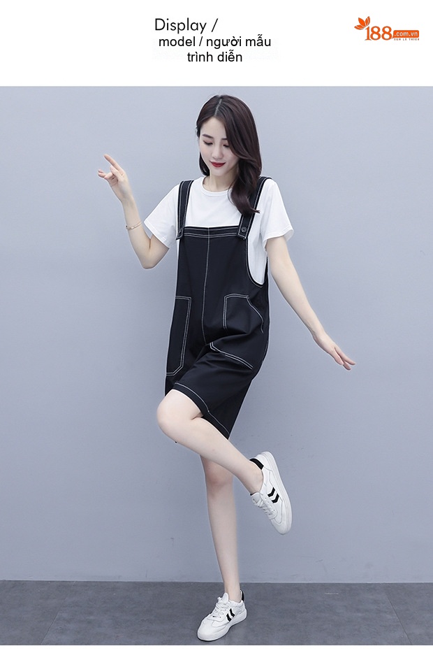 Set Áo Thun Quần Yếm Lửng Nữ Cotton Dáng Rộng Phong Cách Hàn Quốc Màu Đen chi tiết 10