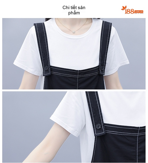 Set Áo Thun Quần Yếm Lửng Nữ Cotton Dáng Rộng Phong Cách Hàn Quốc Màu Đen chi tiết 18