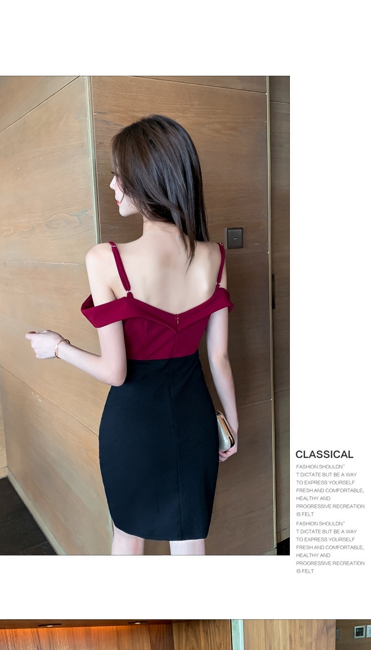 Váy Hai Dây Nữ Cổ chữ V Sâu Hở Lưng Ôm Body Màu Đỏ Rượu, Đen chi tiết 4
