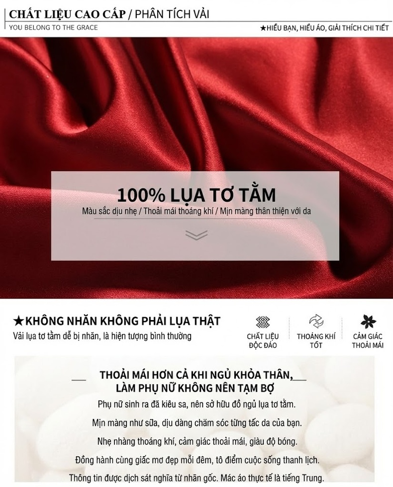 Bộ Đồ Ngủ Lụa Tơ Tằm Hai Dây Nữ Gồm Áo Choàng Và Váy Ngủ Dáng Rộng Gợi Cảm Màu Đỏ, Tím, Xanh, Be chi tiết 5