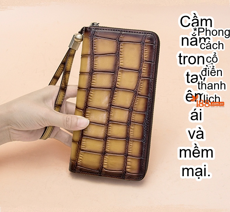 Ví Dài Nữ Da Bò Vân Cá Sấu Khóa Kéo Cầm Tay Phong Cách Retro chi tiết 1