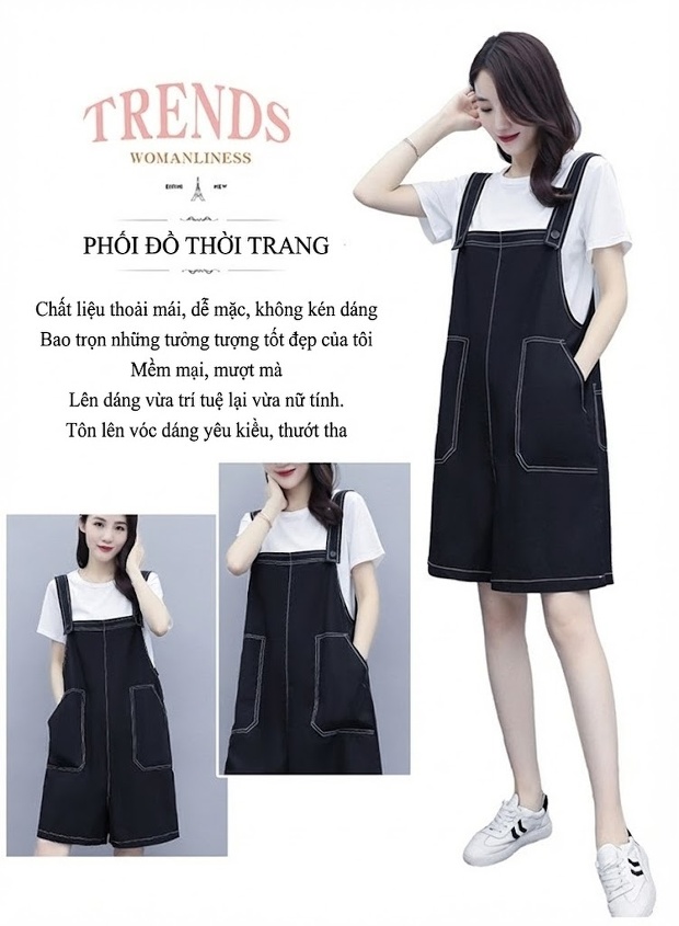 Set Áo Thun Quần Yếm Lửng Nữ Cotton Dáng Rộng Phong Cách Hàn Quốc Màu Đen chi tiết 2
