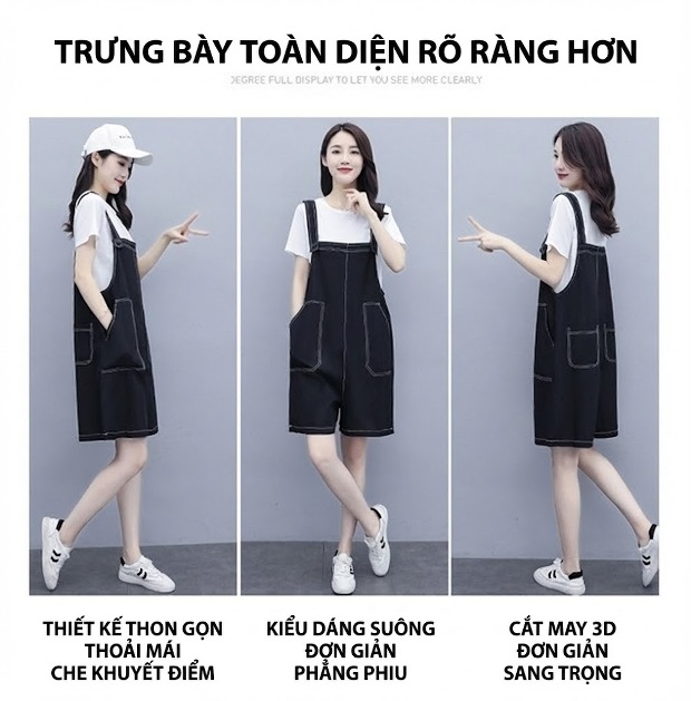 Set Áo Thun Quần Yếm Lửng Nữ Cotton Dáng Rộng Phong Cách Hàn Quốc Màu Đen chi tiết 3