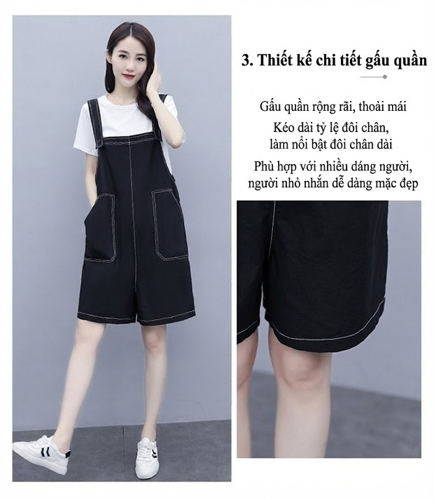 Set Áo Thun Quần Yếm Lửng Nữ Cotton Dáng Rộng Phong Cách Hàn Quốc Màu Đen chi tiết 6