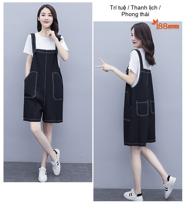 Set Áo Thun Quần Yếm Lửng Nữ Cotton Dáng Rộng Phong Cách Hàn Quốc Màu Đen chi tiết 14