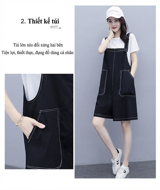 Set Áo Thun Quần Yếm Lửng Nữ Cotton Dáng Rộng Phong Cách Hàn Quốc Màu Đen chi tiết 5
