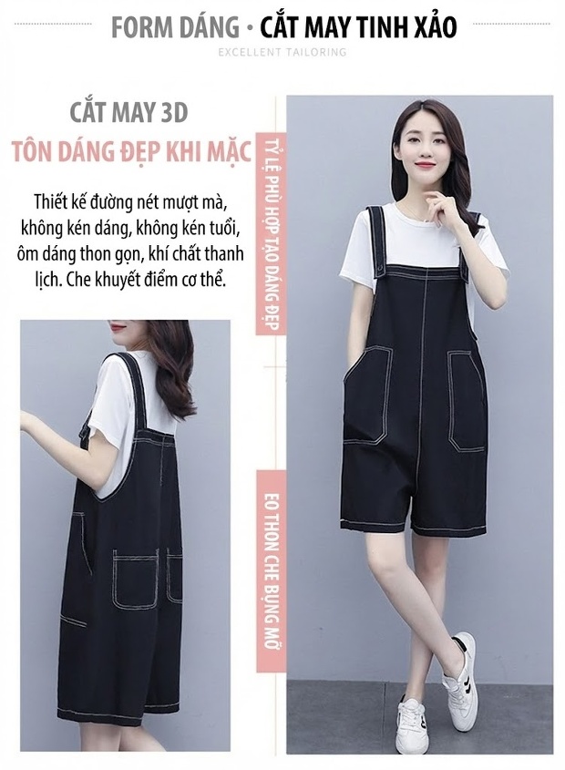 Set Áo Thun Quần Yếm Lửng Nữ Cotton Dáng Rộng Phong Cách Hàn Quốc Màu Đen chi tiết 7