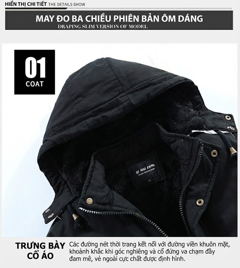 Áo Khoác Cotton Nam Dáng Dài Lót Lông Dày Dặn Có Mũ Trùm Đầu Màu Xanh Rêu, Vàng Be, Đen chi tiết 10
