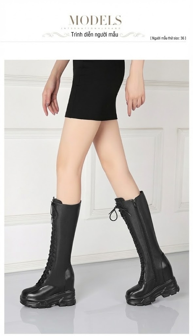 Boot Cao Cổ Nữ Da Bóng Lót Lông Chiều Cao Đế Khoảng 7cm Màu Đen chi tiết 2