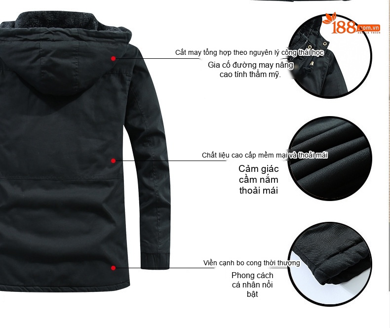 Áo Khoác Nam Cotton Dáng Dài Có Mũ Trùm Đầu Lót Lông Màu Đen, Xanh Rêu chi tiết 3