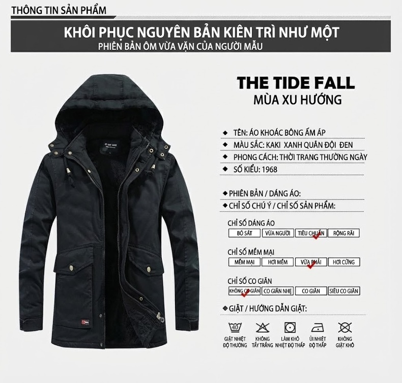 Áo Khoác Nam Cotton Dáng Dài Có Mũ Trùm Đầu Lót Lông Màu Đen, Xanh Rêu chi tiết 7