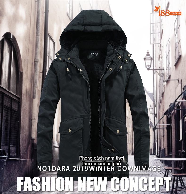 Áo Khoác Nam Cotton Dáng Dài Có Mũ Trùm Đầu Lót Lông Màu Đen, Xanh Rêu chi tiết 1