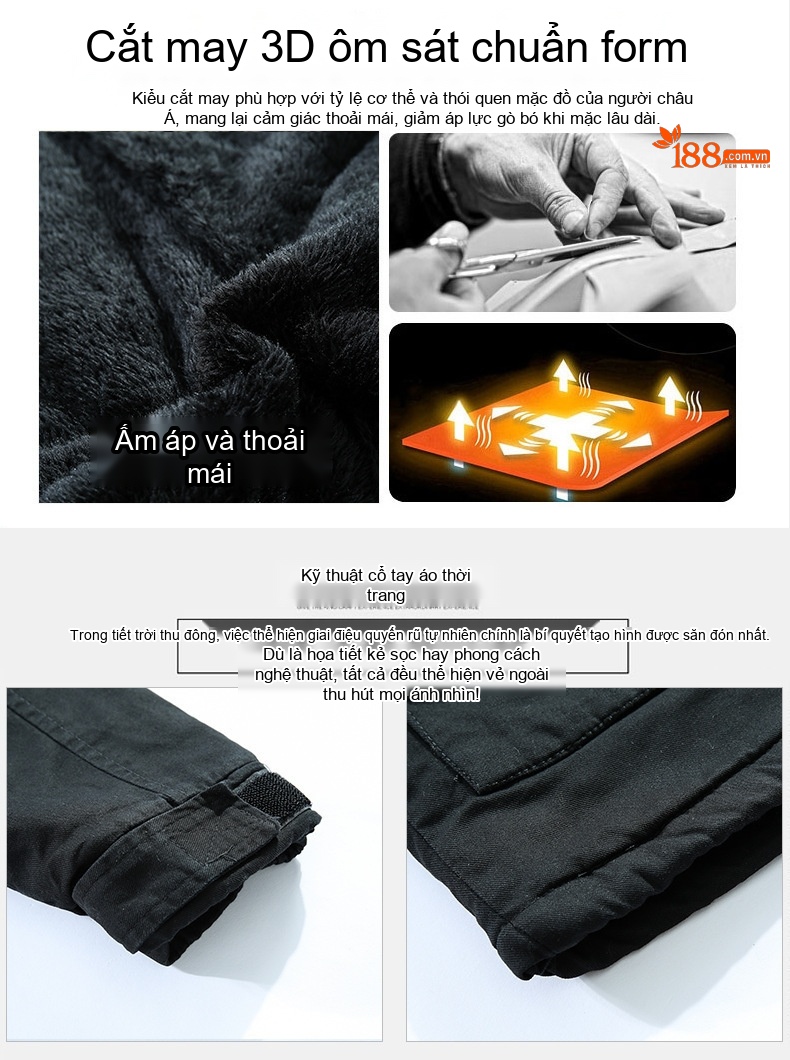 Áo Khoác Nam Cotton Dáng Dài Có Mũ Trùm Đầu Lót Lông Màu Đen, Xanh Rêu chi tiết 4