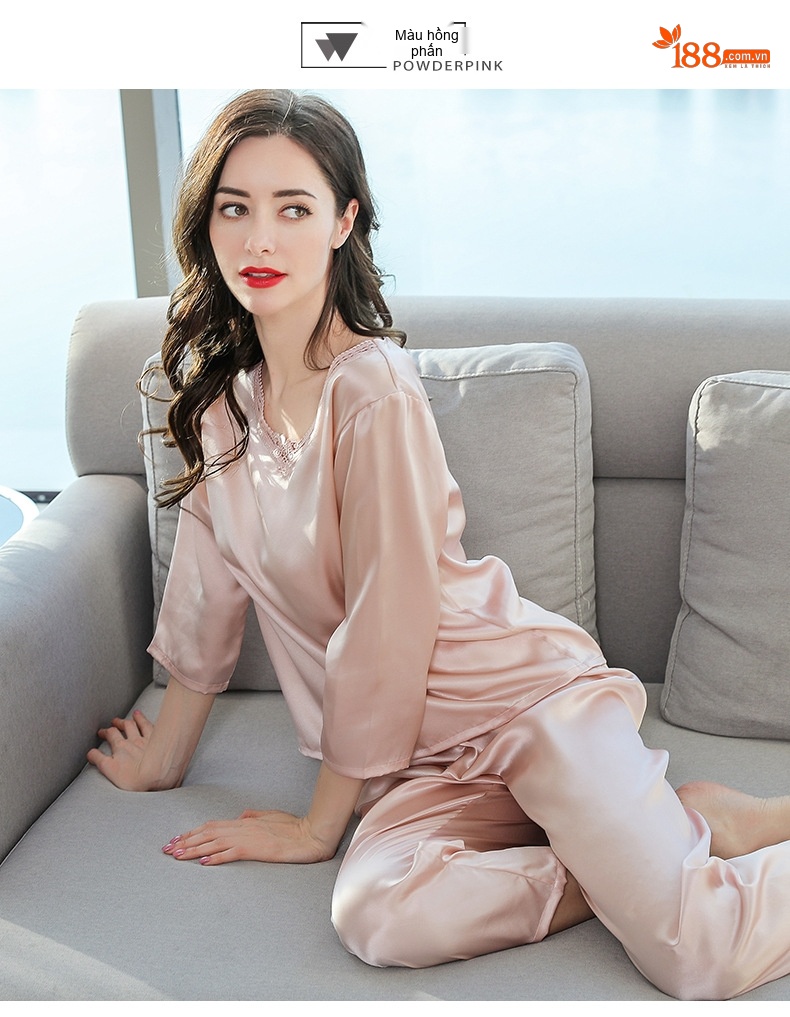 Bộ Đồ Ngủ Lụa Nữ Tay Dài Mỏng Mát Thiết Kế Tối Giản Màu Hồng chi tiết 12