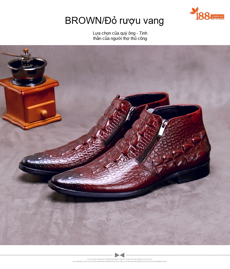 Boot Nam Da Bò Cao Cổ Khóa Kéo Vân Cá Sấu Giữ Ấm Chiều Cao Đế Khoảng 3cm Màu Đen, Đỏ chi tiết 4
