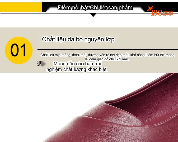 Giày Búp Bê Nữ Da Thật Gót Vuông Chiều Cao Đế Khoảng 3cm Màu Đỏ Rượu Vang, Đen, Kem chi tiết 6