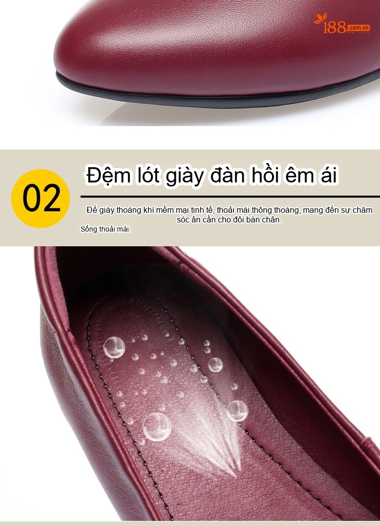 Giày Búp Bê Nữ Da Thật Gót Vuông Chiều Cao Đế Khoảng 3cm Màu Đỏ Rượu Vang, Đen, Kem chi tiết 7