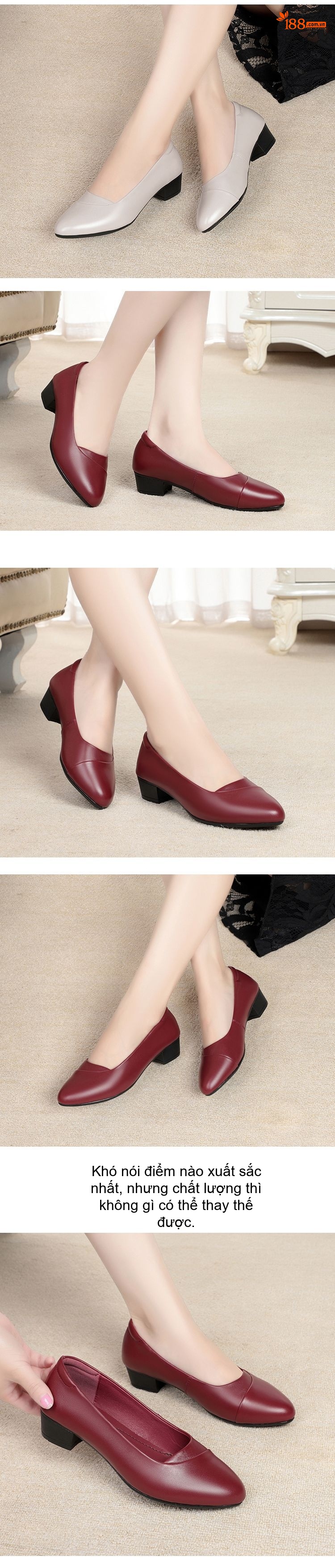 Giày Búp Bê Nữ Da Thật Gót Vuông Chiều Cao Đế Khoảng 3cm Màu Đỏ Rượu Vang, Đen, Kem chi tiết 9