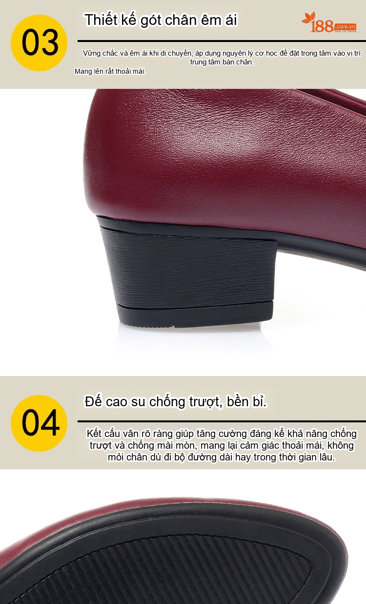 Giày Búp Bê Nữ Da Thật Gót Vuông Chiều Cao Đế Khoảng 3cm Màu Đỏ Rượu Vang, Đen, Kem chi tiết 8