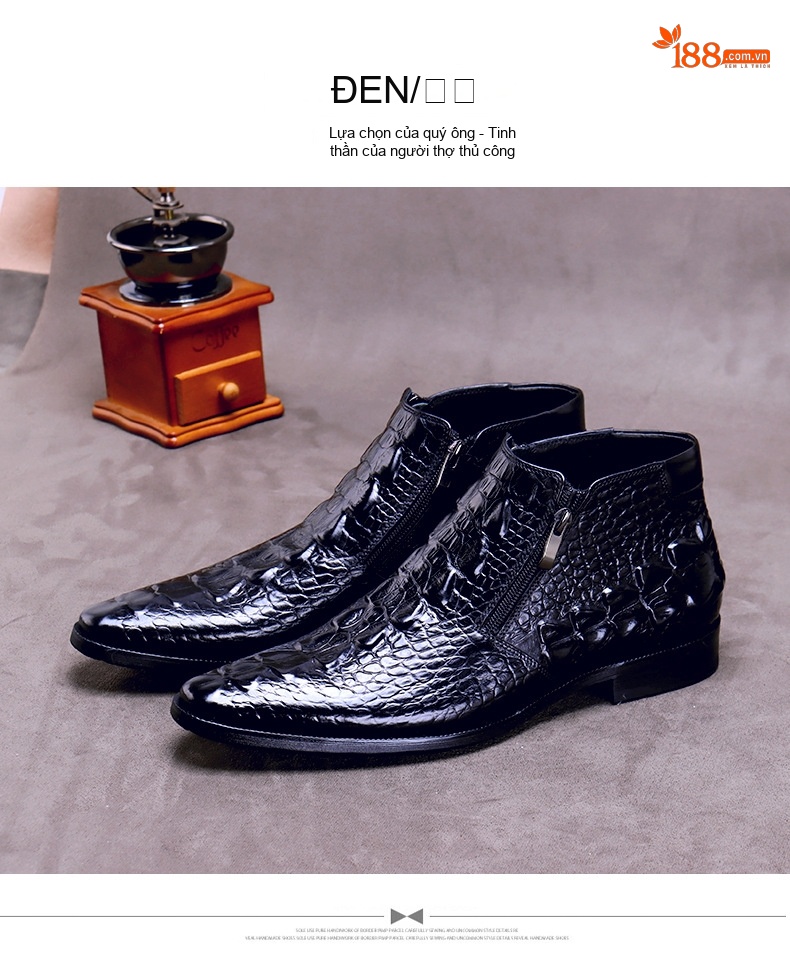 Boot Nam Da Bò Cao Cổ Khóa Kéo Vân Cá Sấu Giữ Ấm Chiều Cao Đế Khoảng 3cm Màu Đen, Đỏ chi tiết 11