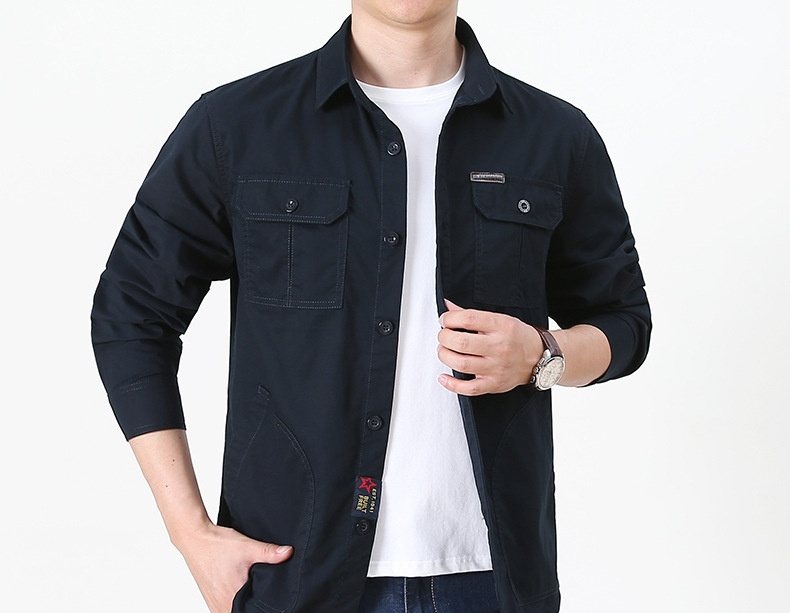 Áo Khoác Nam Cotton Dáng Suông Nhiều Túi Màu Xanh Rêu, Đen, Be, Trắng Kem chi tiết 8