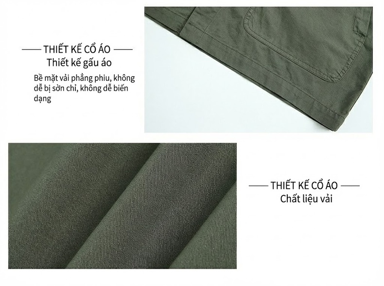Áo Khoác Nam Cotton Dáng Suông Nhiều Túi Màu Xanh Rêu, Đen, Be, Trắng Kem chi tiết 16