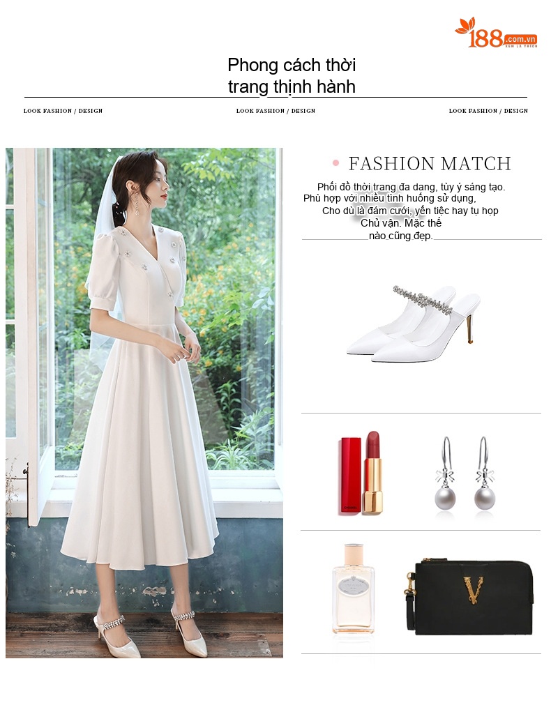 Váy Đầm Dự Tiệc dáng chữ A Cổ chữ V Chữ Tay Ngắn Phong Cách Hepburn Màu Trắng, Đỏ chi tiết 4