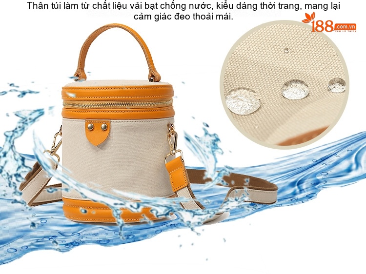 Túi Đeo Chéo Nữ Vải Canvas Da Thật Túi Xách Tay Hình Trụ Màu Trắng, Hồng, Xám, Đen... chi tiết 2