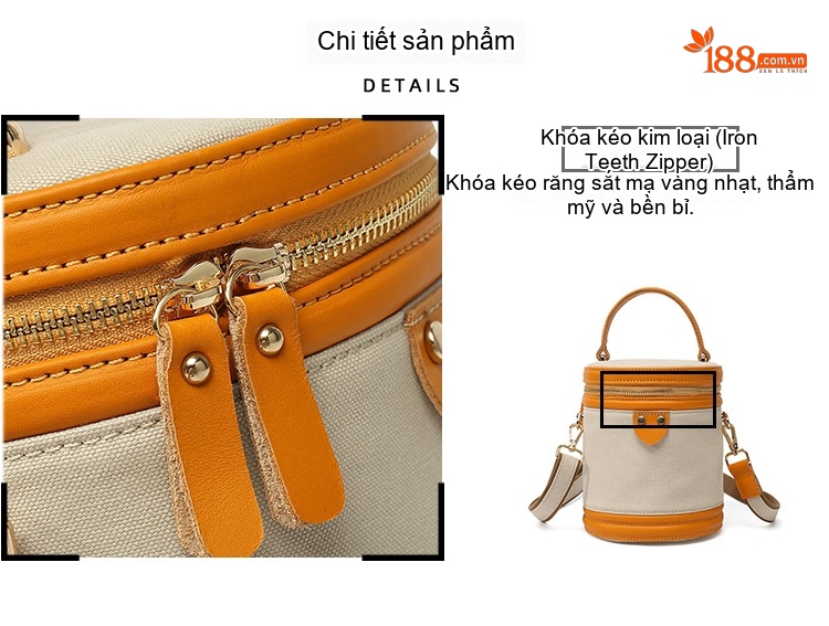 Túi Đeo Chéo Nữ Vải Canvas Da Thật Túi Xách Tay Hình Trụ Màu Trắng, Hồng, Xám, Đen... chi tiết 9