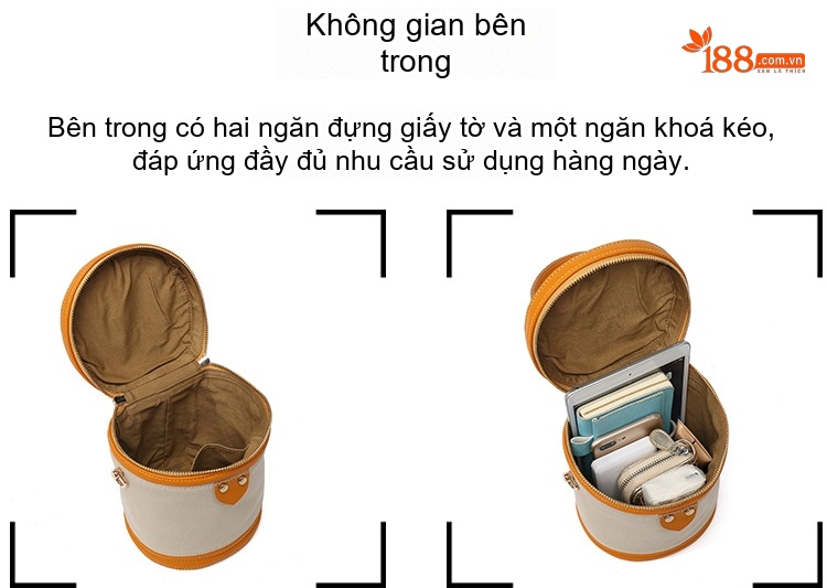 Túi Đeo Chéo Nữ Vải Canvas Da Thật Túi Xách Tay Hình Trụ Màu Trắng, Hồng, Xám, Đen... chi tiết 13