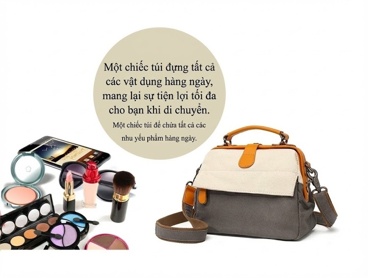 Túi Xách Tay Nữ Vải Canvas Da Thật Đeo Chéo Chống Nước Màu Be, Xanh Rêu chi tiết 13